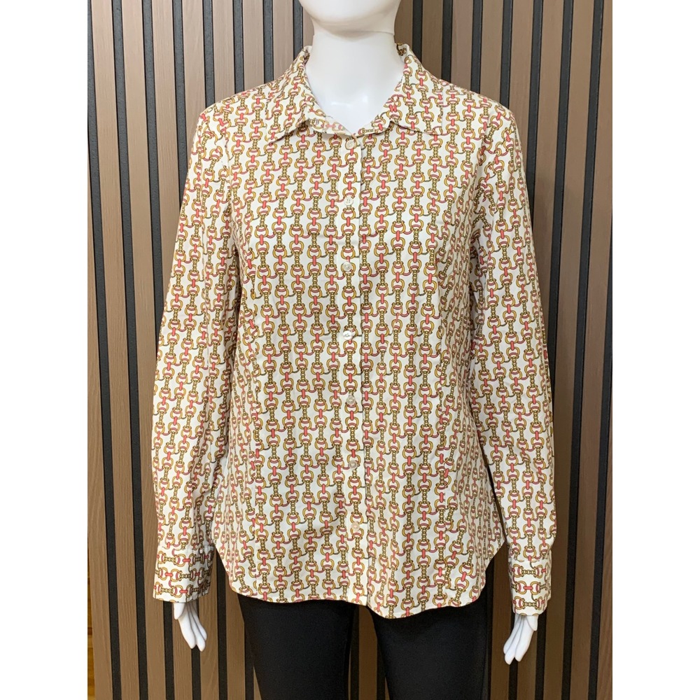 Talbots Non-Iron Shirt Women's 12 Pink Gold Chain Link Print Cotton Stretch Top